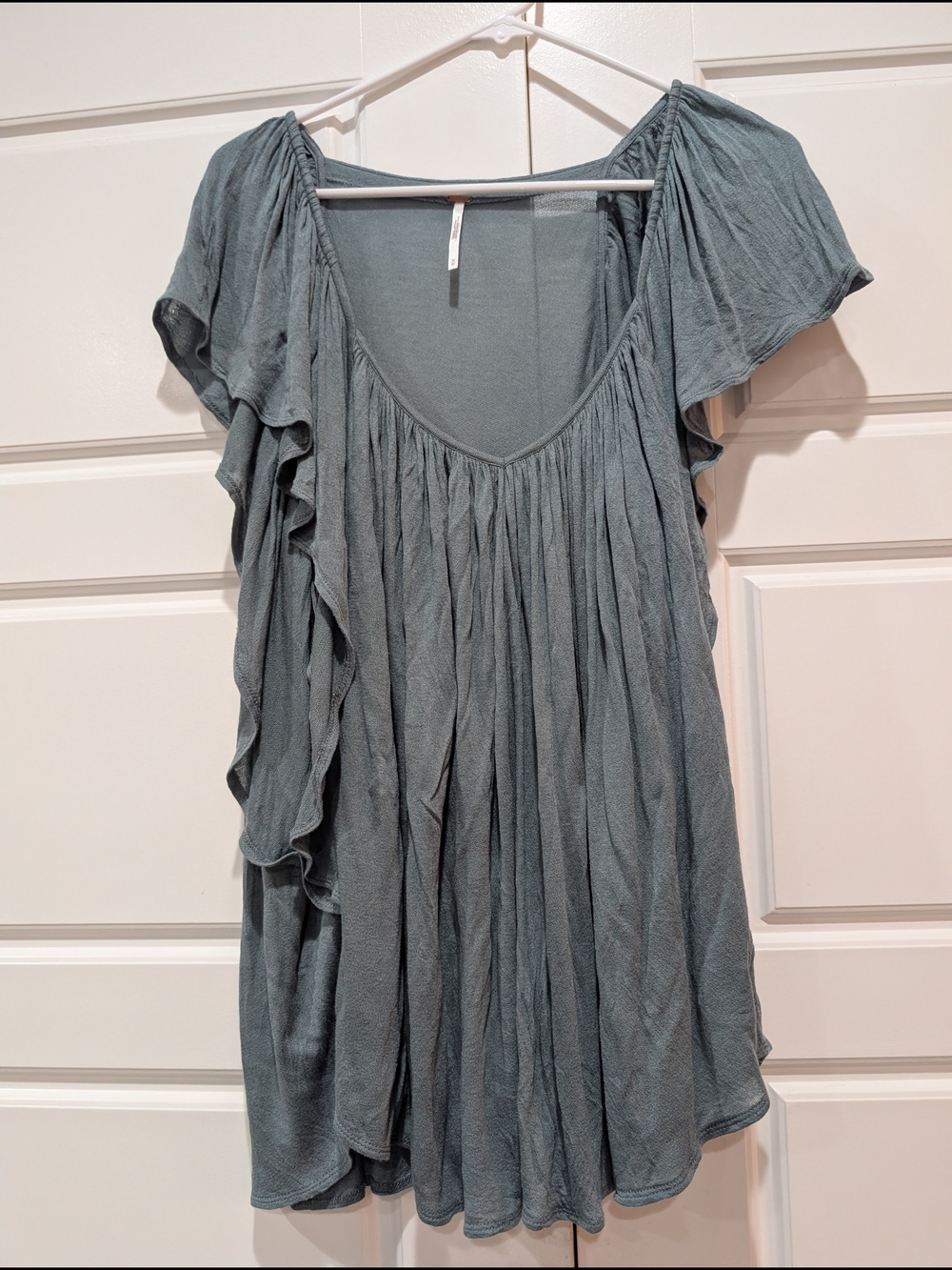 Free People Babydoll Top Slate Blue Ruched Sleeve M